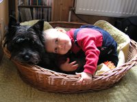 Hund und Kind im Körbchen